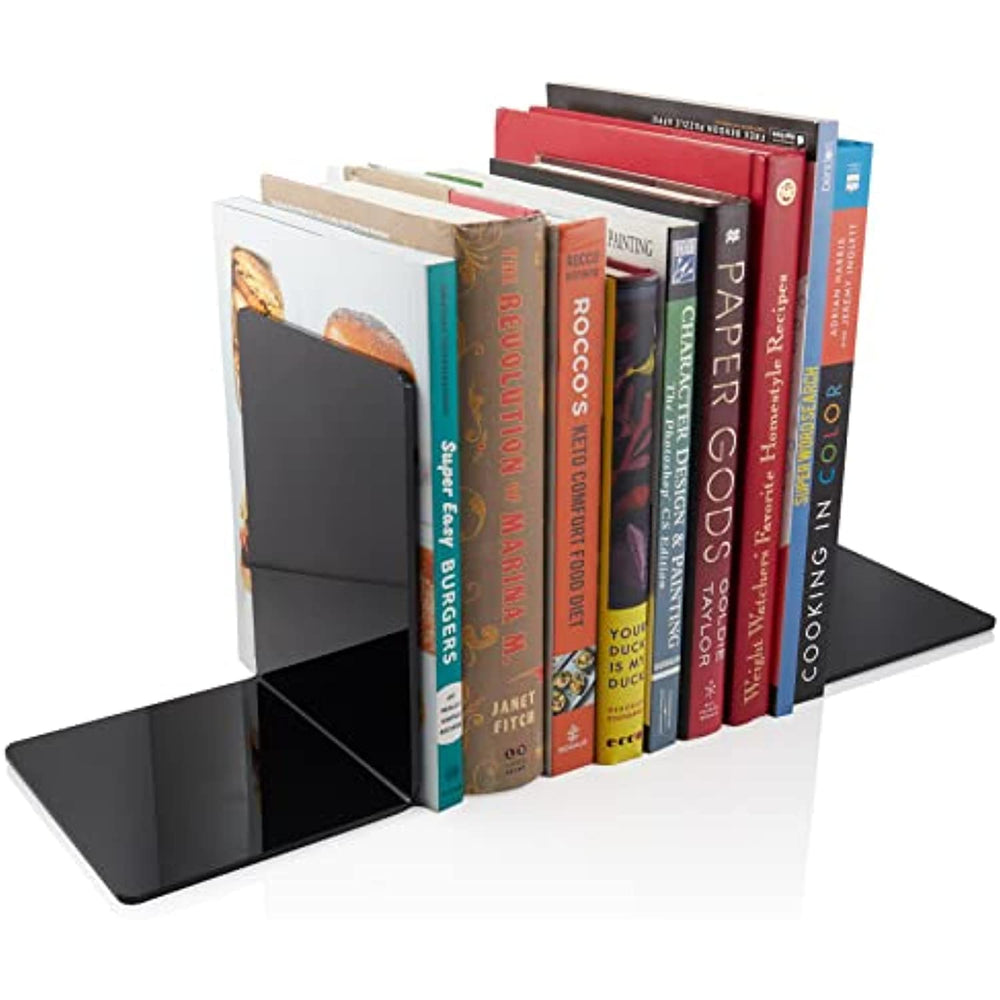 Acrylic Bookends, 2 Pairs of Clear Invisible Book Ends for Shelves, 4mm Heavy Duty Non Skid Book Holders for Books, Movies, DVDs, CDs, Video Games. Book Stopper for Home, Office, Library (Black)