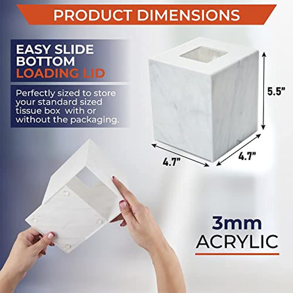 Acrylic Tissue Box Holder, Square Tissue Box Dispenser for Facial Tissue, Napkins, Dryer Sheets. Perfect for Bathroom, Desks, Countertop, Vanity, Bedroom Dressers, Night Stands (Square, Marble)