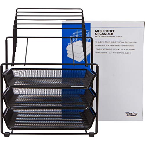 Mesh Desk Organizer and Storage - Office Organizer with 3 Sliding Letter Trays and 5 Vertical File Holders, File Rack for Binders, Folders, Clipboards. Steel Mesh Letter Trays for Desk Organization