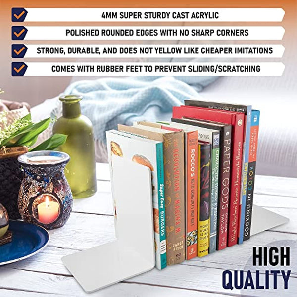 Acrylic Bookends, 2 Pairs of Clear Invisible Book Ends for Shelves, 4mm Heavy Duty Non Skid Book Holders for Books, Movies, DVDs, CDs, Video Games. Book Stopper for Home, Office, Library (White)