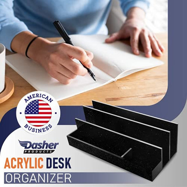 Acrylic Desk Organizer for Office Supplies and Desk Accessories, 12.5” x 5.5” x 4” and 5mm Acrylic Valet to Organize Documents, Files, Paper Clips, Sticky Notes, Tablet, Other Storage (Black Glitter)