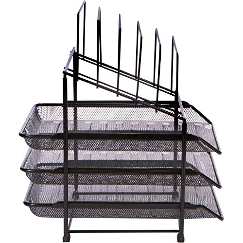 Mesh Desk Organizer and Storage - Office Organizer with 3 Sliding Letter Trays and 5 Vertical File Holders, File Rack for Binders, Folders, Clipboards. Steel Mesh Letter Trays for Desk Organization