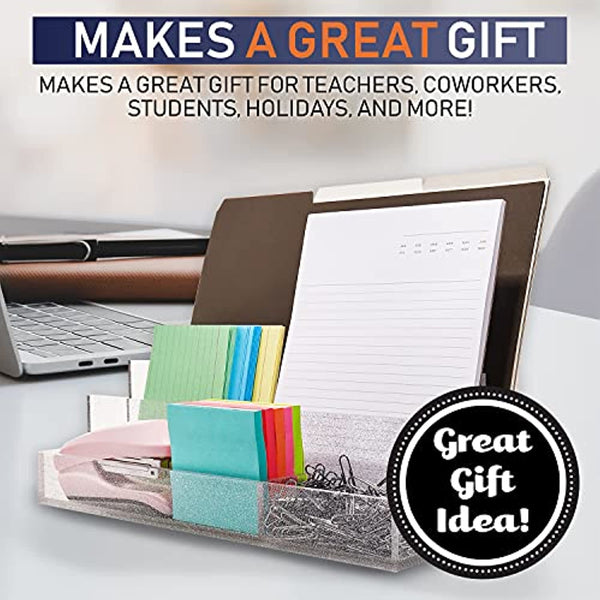 Acrylic Desk Organizer for Office Supplies and Desk Accessories, 12.5” x 5.5” x 4” and 5mm Acrylic Valet to Organize Documents, Mail, Paper Clips, Sticky Notes, Tablet, Other Storage (Clear Glitter)