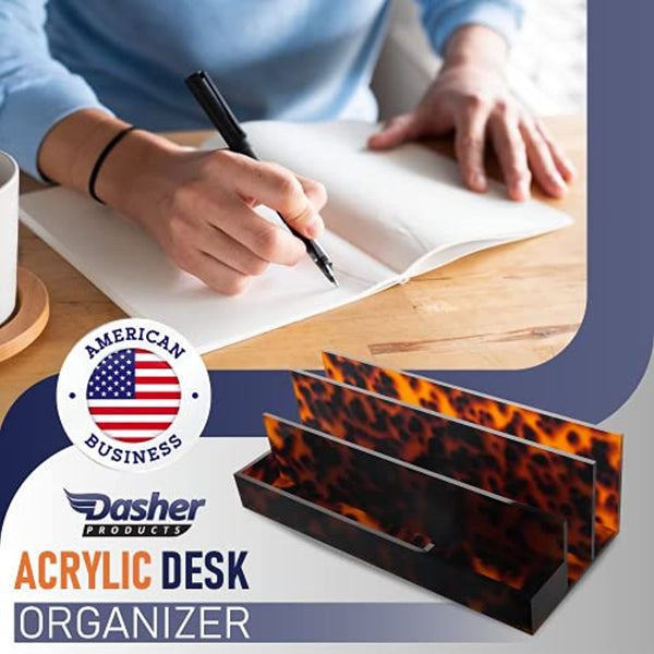 Acrylic Desk Organizer for Office Supplies and Desk Accessories, 12.5” x 5.5” x 4” and 5mm Acrylic Valet to Organize Documents, Mail, Paper Clips, Sticky Notes, Tablet, Other Storage (Tortoise Shell)