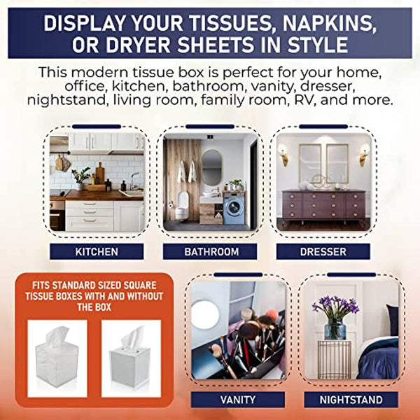 Acrylic Tissue Box Holder, Square Tissue Box Dispenser for Facial Tissue, Napkins, Dryer Sheets. Perfect for Bathroom, Desks, Countertop, Vanity, Bedroom Dressers, Night Stands (Square, Clear Glitter)