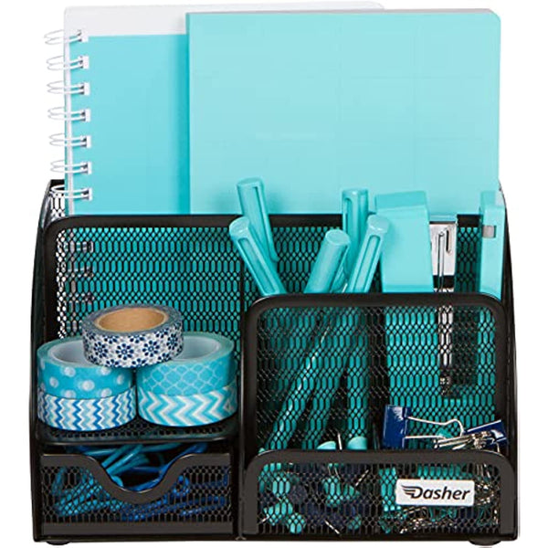 Office Desk Organizers and Accessories - 6 Compartment Black Mesh Office Organizer with Sliding Drawer, Desktop Organizer Caddy for Storing Pens, Pencils, Notepads, Staplers, Bills, Paper Clips
