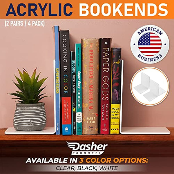 Acrylic Bookends, 2 Pairs of Clear Invisible Book Ends for Shelves, 4mm Heavy Duty Non Skid Book Holders for Books, Movies, DVDs, CDs, Video Games. Book Stopper for Home, Office, Library (White)