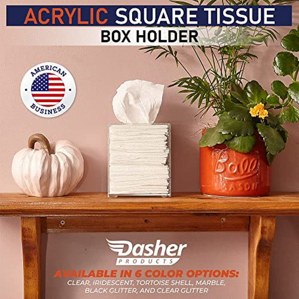 Acrylic Tissue Box Holder, Square Tissue Box Dispenser for Facial Tissue, Napkins, Dryer Sheets. Perfect for Bathroom, Desks, Countertop, Vanity, Bedroom Dressers, Night Stands (Square, Clear Glitter)