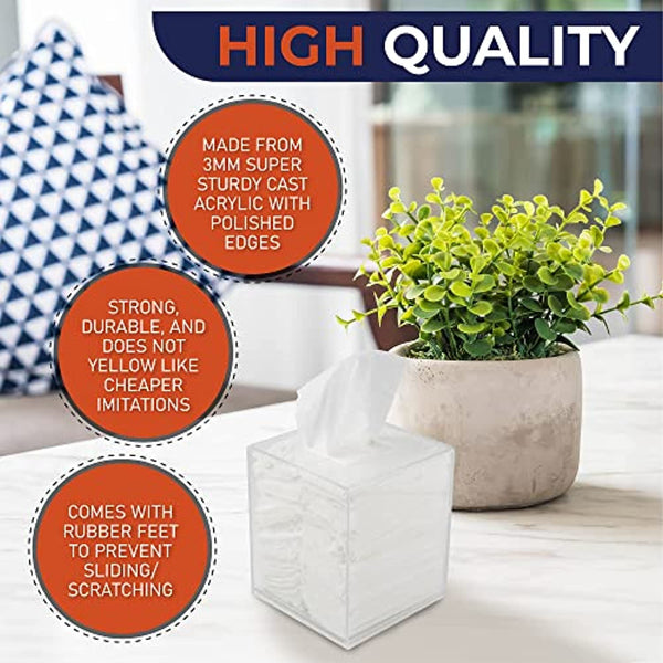 Acrylic Tissue Box Holder, Square Tissue Box Dispenser for Facial Tissue, Napkins, Dryer Sheets. Perfect for Bathroom, Desks, Countertop, Vanity, Bedroom Dressers, Night Stands (Square, Clear Glitter)