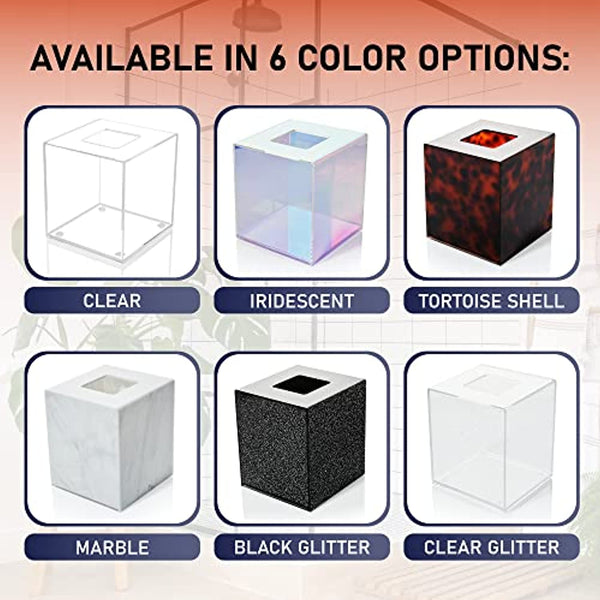 Acrylic Tissue Box Holder, Square Tissue Box Dispenser for Facial Tissue, Napkins, Dryer Sheets. Perfect for Bathroom, Desks, Countertop, Vanity, Bedroom Dressers, Night Stands (Square, Clear Glitter)
