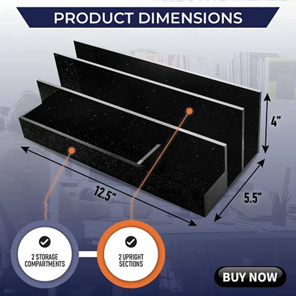 Acrylic Desk Organizer for Office Supplies and Desk Accessories, 12.5” x 5.5” x 4” and 5mm Acrylic Valet to Organize Documents, Files, Paper Clips, Sticky Notes, Tablet, Other Storage (Black Glitter)