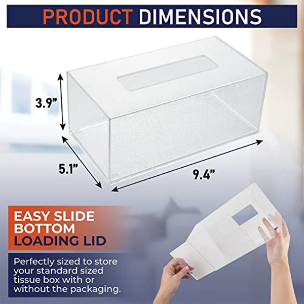 Acrylic Tissue Box Holder, Clear Tissue Box Dispenser for Facial Tissue, Napkins, Dryer Sheets. Perfect Cover for Bathroom, Desks, Countertops, Vanity, Bedroom, Night Stands (Rectangle, Clear Glitter)