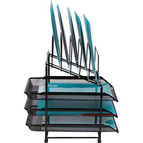 Mesh Desk Organizer and Storage - Office Organizer with 3 Sliding Letter Trays and 5 Vertical File Holders, File Rack for Binders, Folders, Clipboards. Steel Mesh Letter Trays for Desk Organization