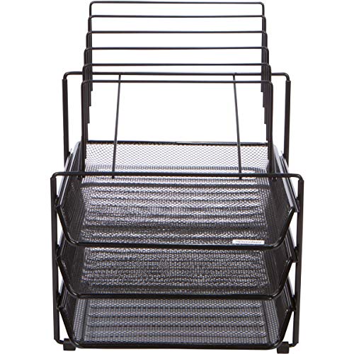 Mesh Desk Organizer and Storage - Office Organizer with 3 Sliding Letter Trays and 5 Vertical File Holders, File Rack for Binders, Folders, Clipboards. Steel Mesh Letter Trays for Desk Organization