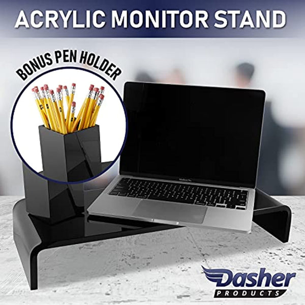 Acrylic Monitor Stand with Matching Pen Holder, 12mm Thick Clear Acrylic Monitor Riser, Laptop Stand for Home, Office, and Work. Computer Desk Riser with Keyboard Storage for LCD LED TV Screen (Black)