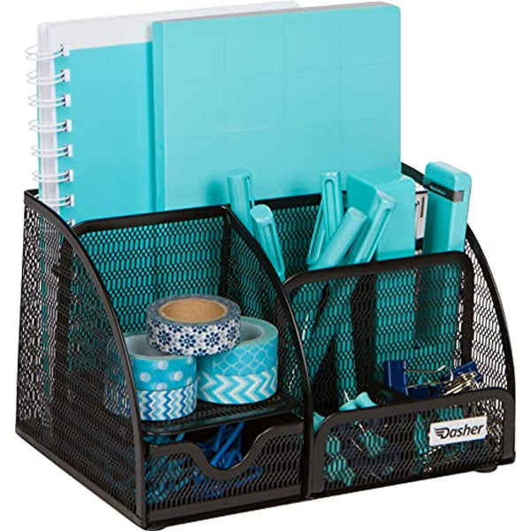 Office Desk Organizers and Accessories - New 2021 Model - 6 Compartment Black Mesh Office Organizer with Sliding Drawer, Desktop Organizer Caddy for Storing Pens, Pencils, Notepads, Staplers, Bills, Paper Clips (Black - 1 pc)