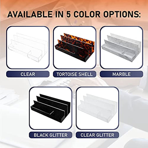 Acrylic Desk Organizer for Office Supplies and Desk Accessories, 12.5” x 5.5” x 4” and 5mm Acrylic Valet to Organize Documents, Mail, Paper Clips, Sticky Notes, Tablet, Other Storage (Clear Glitter)
