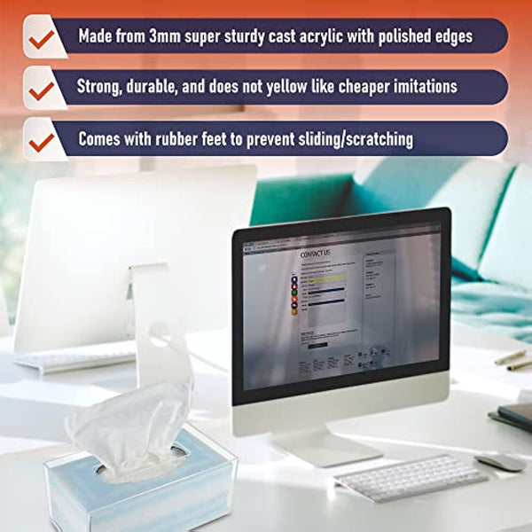 Acrylic Tissue Box Holder, Clear Tissue Box Dispenser for Facial Tissue, Napkins, Dryer Sheets. Perfect Cover for Bathroom, Desks, Countertops, Vanity, Bedroom, Night Stands (Rectangle, Clear)