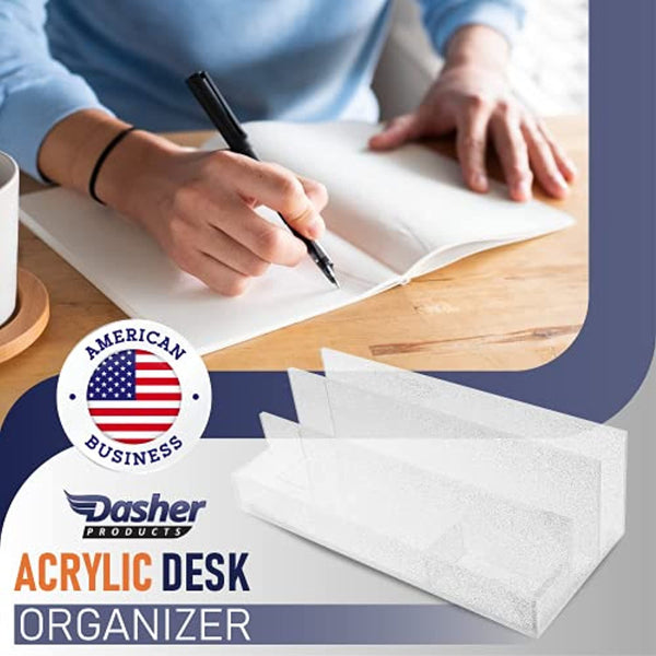 Acrylic Desk Organizer for Office Supplies and Desk Accessories, 12.5” x 5.5” x 4” and 5mm Acrylic Valet to Organize Documents, Mail, Paper Clips, Sticky Notes, Tablet, Other Storage (Clear Glitter)