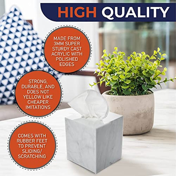 Acrylic Tissue Box Holder, Square Tissue Box Dispenser for Facial Tissue, Napkins, Dryer Sheets. Perfect for Bathroom, Desks, Countertop, Vanity, Bedroom Dressers, Night Stands (Square, Marble)