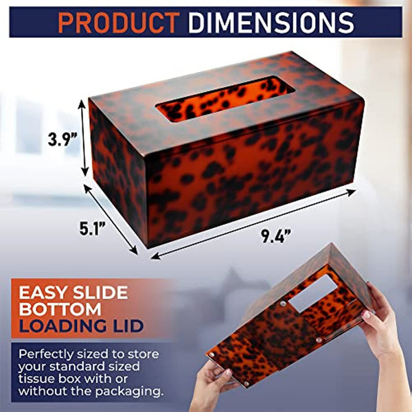 Acrylic Tissue Box Holder, Clear Tissue Box Dispenser for Facial Tissue, Napkins, Dryer Sheets. Perfect Cover for Bathroom, Desks, Countertop, Vanity, Bedroom, Night Stands (Rectangle, Tortoise Shell)