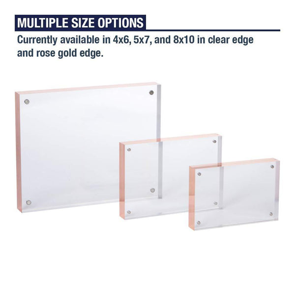 Acrylic Picture Frame 5x7 with Rose Gold Edges - Double Sided Magnetic Photo Frame, 24 mm Thick Clear Picture Frame, 5 x 7 Inches Acrylic Frame, Self Standing for Desktop Display (1 Pack)