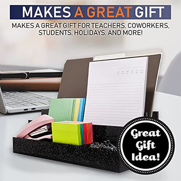 Acrylic Desk Organizer for Office Supplies and Desk Accessories, 12.5” x 5.5” x 4” and 5mm Acrylic Valet to Organize Documents, Files, Paper Clips, Sticky Notes, Tablet, Other Storage (Black Glitter)
