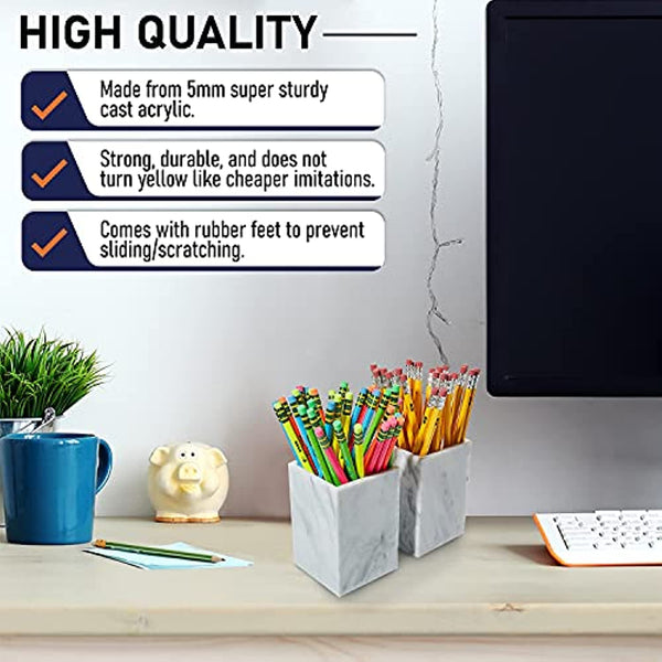 Acrylic Pen Holder Two Pack, 5mm Clear Pencil Holder for Desk, Storing Office Supplies, Makeup Brush Holders, Toothbrush, Hairbrush, Pencil Cup, Stationery, Pen Organizer, 3x3x4.5 Inches (Marble)