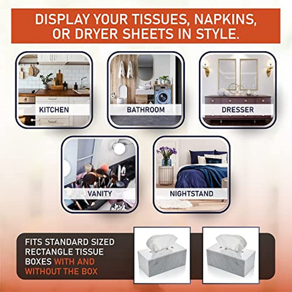 Acrylic Tissue Box Holder, Clear Tissue Box Dispenser for Facial Tissue, Napkins, Dryer Sheets. Perfect Cover for Bathroom, Desks, Countertops, Vanity, Bedroom, Night Stands (Rectangle, Marble)