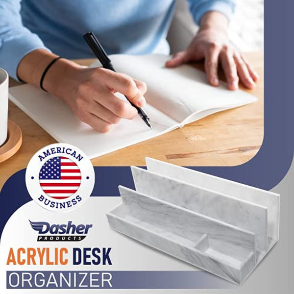 Acrylic Desk Organizer for Office Supplies and Desk Accessories, 12.5” x 5.5” x 4” and 5mm Acrylic Valet to Organize Documents, Files, Mail, Paper Clips, Sticky Notes, Tablet, Other Storage (Marble)