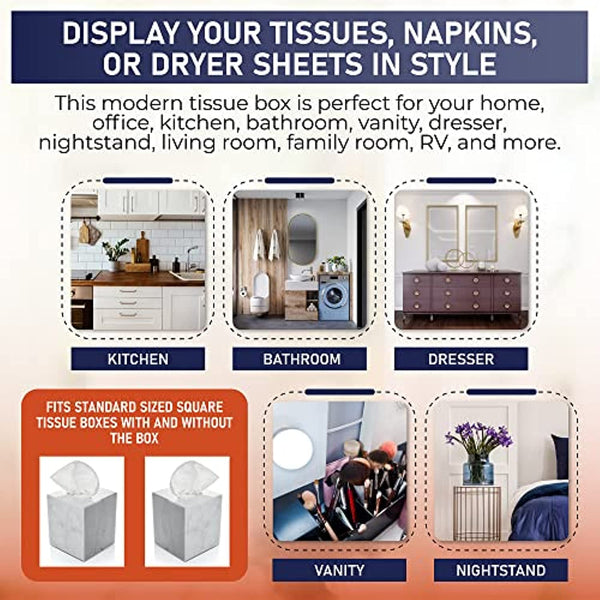 Acrylic Tissue Box Holder, Square Tissue Box Dispenser for Facial Tissue, Napkins, Dryer Sheets. Perfect for Bathroom, Desks, Countertop, Vanity, Bedroom Dressers, Night Stands (Square, Marble)