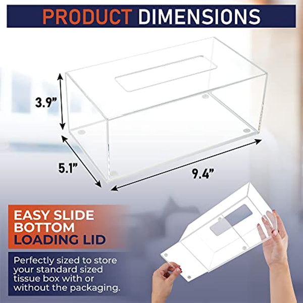 Acrylic Tissue Box Holder, Clear Tissue Box Dispenser for Facial Tissue, Napkins, Dryer Sheets. Perfect Cover for Bathroom, Desks, Countertops, Vanity, Bedroom, Night Stands (Rectangle, Clear)