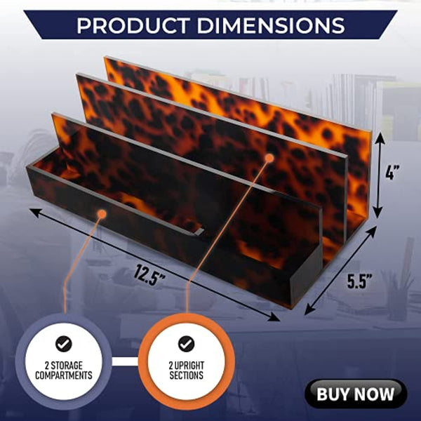 Acrylic Desk Organizer for Office Supplies and Desk Accessories, 12.5” x 5.5” x 4” and 5mm Acrylic Valet to Organize Documents, Mail, Paper Clips, Sticky Notes, Tablet, Other Storage (Tortoise Shell)
