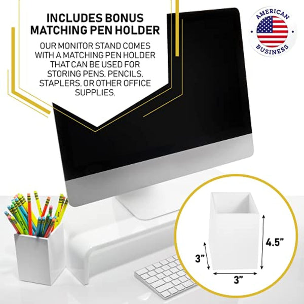 Acrylic Monitor Stand with Matching Pen Holder, 12mm Thick Clear Acrylic Monitor Riser, Laptop Stand for Home, Office, and Work. Computer Desk Riser with Keyboard Storage for LCD LED TV Screen (White)