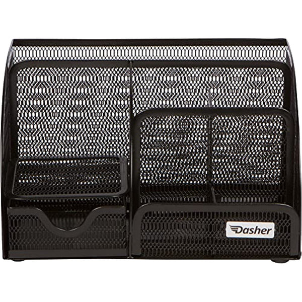 Office Desk Organizers and Accessories - 6 Compartment Black Mesh Office Organizer with Sliding Drawer, Desktop Organizer Caddy for Storing Pens, Pencils, Notepads, Staplers, Bills, Paper Clips