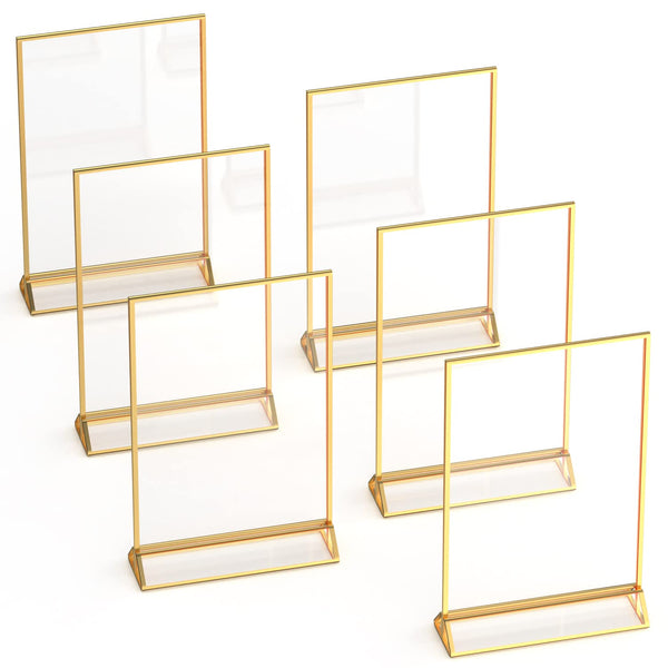 Dasher Products Gold Picture Frames Double Sided - 6 Pack - 4x6 Acrylic Gold Table Number Holders, Clear Easel Table Stands for Signs, Gold Frames for Wedding Table Numbers, Menu Holder, Photo Frame