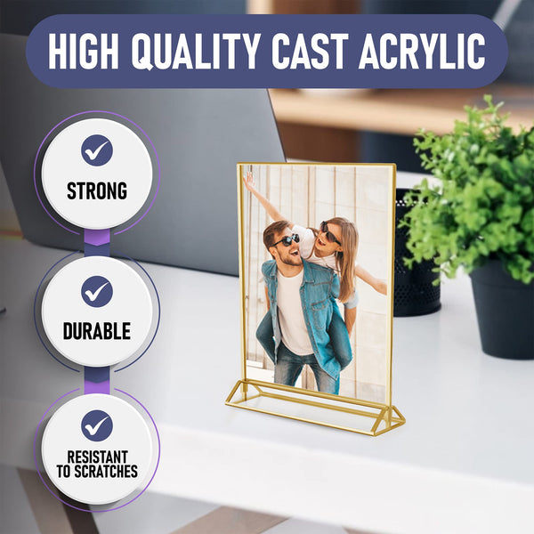 Dasher Products Gold Picture Frames Double Sided - 6 Pack - 4x6 Acrylic Gold Table Number Holders, Clear Easel Table Stands for Signs, Gold Frames for Wedding Table Numbers, Menu Holder, Photo Frame