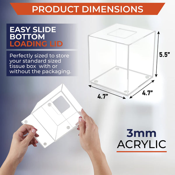 Acrylic Tissue Box Holder, Square Clear Tissue Box Dispenser for Facial Tissue, Napkins, Dryer Sheets. Perfect for Bathroom, Desks, Countertop, Vanity, Bedroom Dressers, Night Stands (Square, Clear)