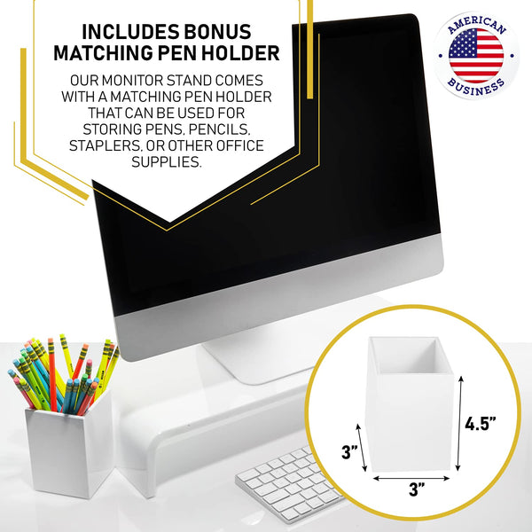 Acrylic Monitor Stand with Matching Pen Holder, 12mm Thick Clear Acrylic Monitor Riser, Laptop Stand for Home, Office, and Work. Computer Desk Riser with Keyboard Storage for LCD LED TV Screen (White)