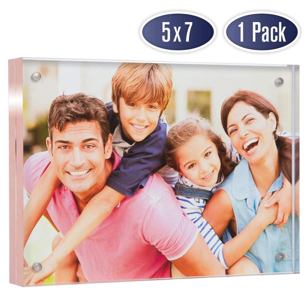 Acrylic Picture Frame 5x7 with Rose Gold Edges - Double Sided Magnetic Photo Frame, 24 mm Thick Clear Picture Frame, 5 x 7 Inches Acrylic Frame, Self Standing for Desktop Display (1 Pack)