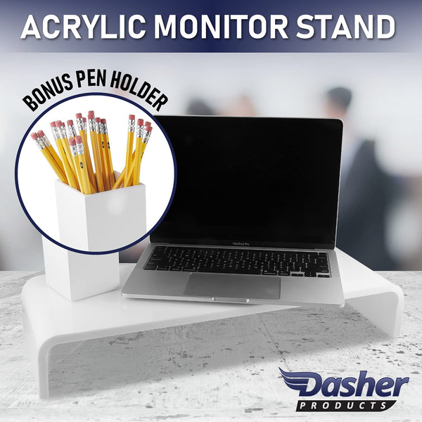 Acrylic Monitor Stand with Matching Pen Holder, 12mm Thick Clear Acrylic Monitor Riser, Laptop Stand for Home, Office, and Work. Computer Desk Riser with Keyboard Storage for LCD LED TV Screen (White)