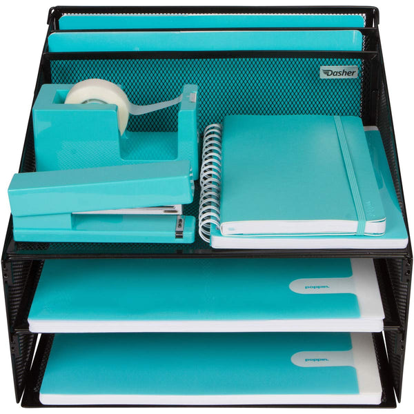 Office Desk Organizer Metal Mesh with 3 Paper Trays and 2 Vertical Upright Sections, Desktop File Holder for Letter Size A4, Folders, Stationary, and Desk Accessories