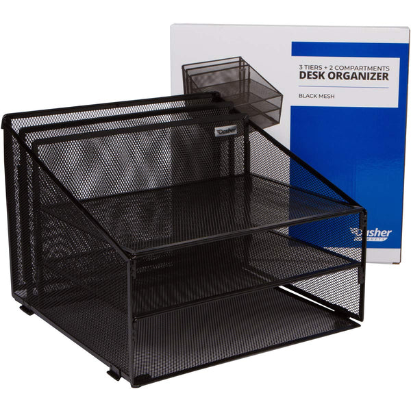 Office Desk Organizer Metal Mesh with 3 Paper Trays and 2 Vertical Upright Sections, Desktop File Holder for Letter Size A4, Folders, Stationary, and Desk Accessories