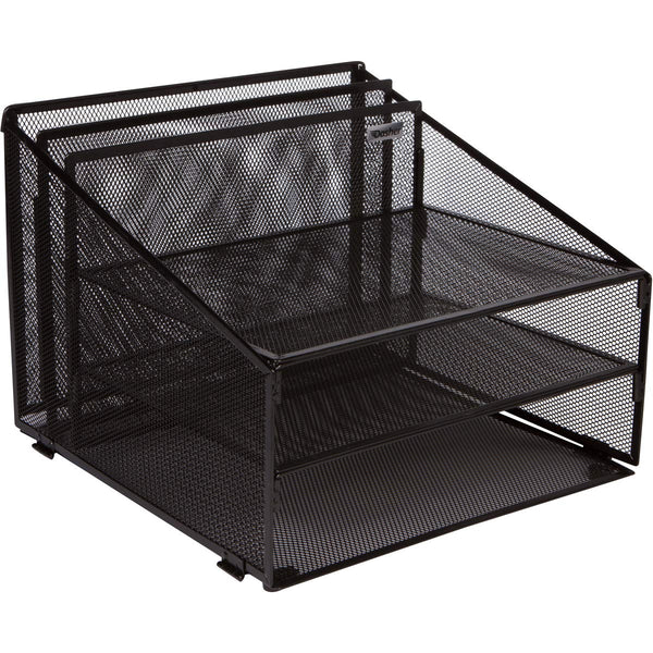 Office Desk Organizer Metal Mesh with 3 Paper Trays and 2 Vertical Upright Sections, Desktop File Holder for Letter Size A4, Folders, Stationary, and Desk Accessories