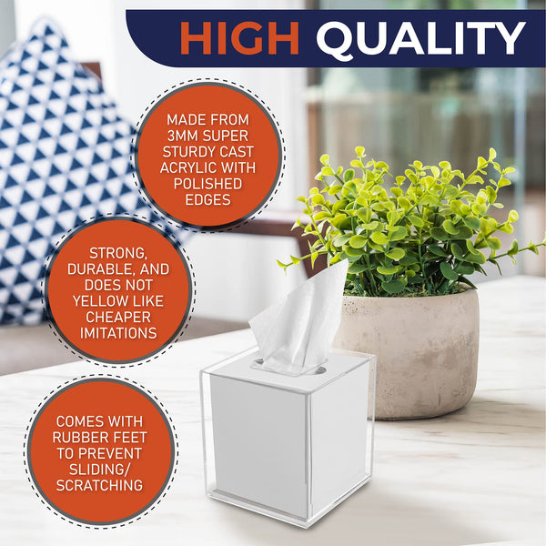 Acrylic Tissue Box Holder, Square Clear Tissue Box Dispenser for Facial Tissue, Napkins, Dryer Sheets. Perfect for Bathroom, Desks, Countertop, Vanity, Bedroom Dressers, Night Stands (Square, Clear)
