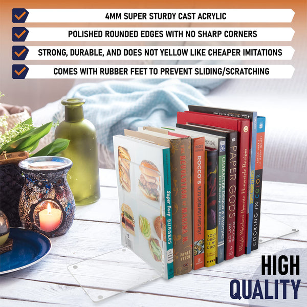 Acrylic Bookends, 2 Pairs of Clear Invisible Book Ends for Shelves, 4mm Heavy Duty Non Skid Book Holders for Books, Movies, DVDs, CDs, Video Games. Book Stopper for Home, Office, Library (Clear)