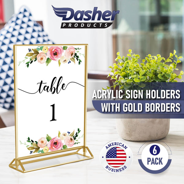 Dasher Products Gold Picture Frames Double Sided - 6 Pack - 4x6 Acrylic Gold Table Number Holders, Clear Easel Table Stands for Signs, Gold Frames for Wedding Table Numbers, Menu Holder, Photo Frame