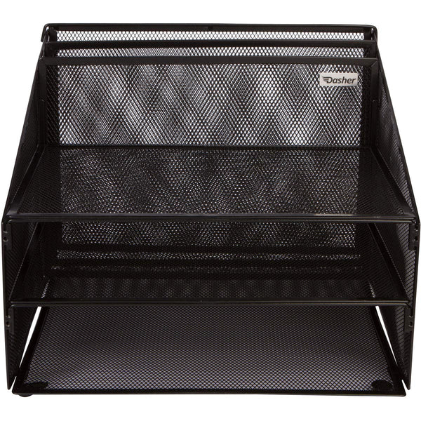 Office Desk Organizer Metal Mesh with 3 Paper Trays and 2 Vertical Upright Sections, Desktop File Holder for Letter Size A4, Folders, Stationary, and Desk Accessories