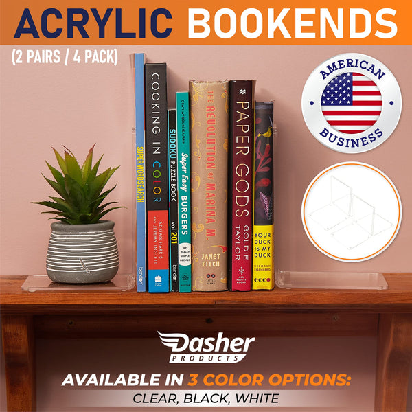 Acrylic Bookends, 2 Pairs of Clear Invisible Book Ends for Shelves, 4mm Heavy Duty Non Skid Book Holders for Books, Movies, DVDs, CDs, Video Games. Book Stopper for Home, Office, Library (Clear)