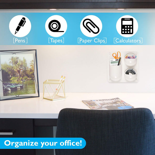 Wall Storage Magnetic Organizer Caddy - Self Adhesive with Multiple Mounting Options. Store Pens, Pencils, Sticky Notes and Other Supplies for Office, Kitchen, Refrigerator, Locker, Cubicle, and More